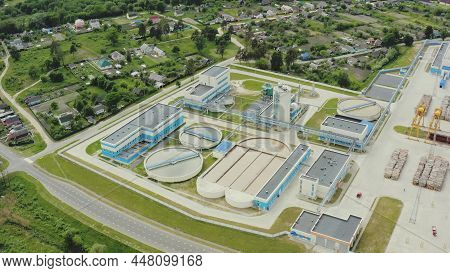 Aerial View Of Settling Tanks For Water Purification At Enterprise. Aerial View Of The Wastewater Tr