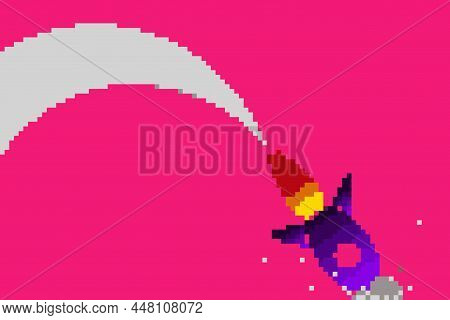 Fallen Rocket Drawing In Pixel Art Style. 16 Bit Old School Graphic Style. Concept Of Falling Market