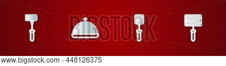 Set Kitchen Hammer, Covered With Tray Of Food, Barbecue Spatula And Steel Grid Icon. Vector