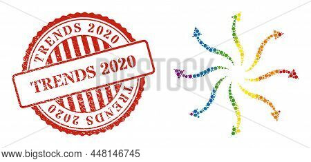 Cyclone Rotation Arrows Mosaic Icon Of Filled Circles In Various Sizes And Spectrum Color Tinges. Re