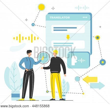 People Talking To Each Other Using Smartphone Real Time Voice Translator, Vector Illustration. Live 