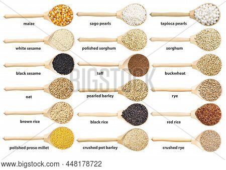 Set Of Top Views Of Wooden Spoon With Various Groats With Names Isolated On White Background