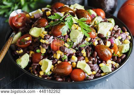 Homemade Mexican Black Bean And Corn Salad Or Texas Caviar Bean Dip Lime Dressing, Served With Torti
