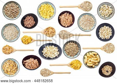 Set Of Various Dry Cereals Isolated On White Background