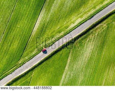 Aerial Top Down View Of Piano Grande, Large Karstic Plateau Of Monti Sibillini Mountains. Beautiful 