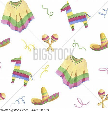 Watercolor Mexican Pattern With Poncho, Pinata, Maracas, Sombrero. Hand-drawn Illustrations For Desi
