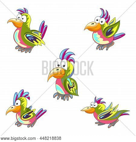 Set Of Cheerful Multi-colored Parrots. Tropical Bird. Collection. A Pet. - Stock Vector.
