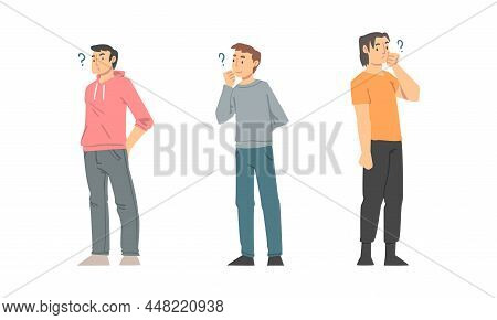 Thoughtful Man Character And Question Mark Thinking Over The Matter Vector Illustration Set