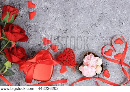 Delicious Cupcakes With Roses, Marshmallows, Heart Shaped Sweets And Gift Boxes, Food For Valentine'