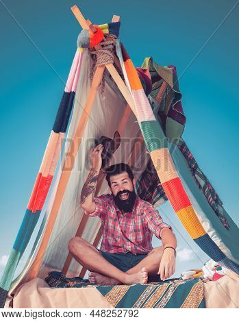 Homemade Tent - Hut. Cozy Play Tent For Man On Nature Over Sky Background - Isolated. Morning Landsc