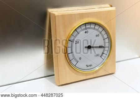 Analog Hygrometer On The Background Of A Fogged Mirror. High Humidity.