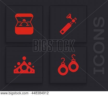 Set Earrings, Diamond Engagement Box, Jewelers Lupe And King Crown Icon. Vector