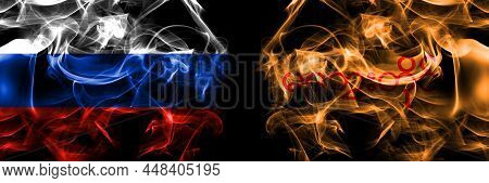 Russia, Russian Vs Myanmar, Magway Division Flags. Smoke Flag Placed Side By Side Isolated On Black 