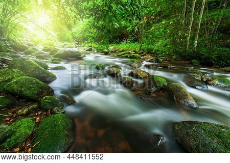 Landscape Of Pure Cascade In A Tropical Rainforest At Sunrise, Lush Foliage Green Tropical Plants, M