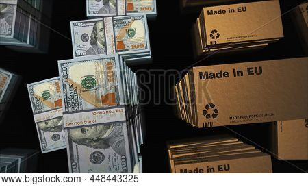 Made In Eu Box And Eu Dollar Money Pack Loop 3D Illustration