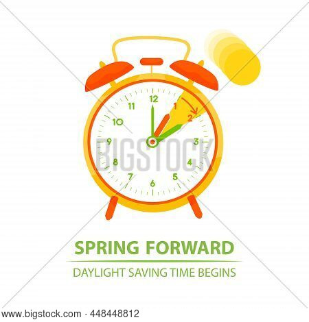 Spring Forward Time. Clocks Moves Forward One Hour. Daylight Saving Time Begins Banner. Graphic Simp