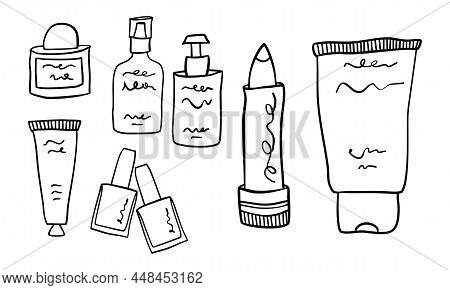 Big Set Of Cosmetic Items In Minimalist Hand Drawn Outline Style. Cream Dispenser, Lipstick, Lotion 