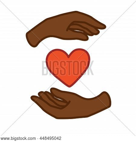 Hand-drawn Hands Of Dark Skin Color. The Heart Between The Palms. Hands Of African American Man Or W