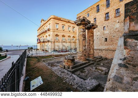 Taranto, Italy - August 2021: Greek Columns From The Temple Of Poseidon In Taranto