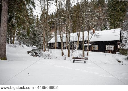 Winter Snowy Forest In A Mountain Landscape With A Stream And A Cottage