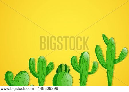 Tall Succulent Cactuses With Thorns On Color Background. Vector Drawing Set Illustration For Icon, G