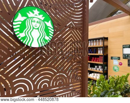 Zilina, Slovakia - February 2, 2022: Starbucks Green Logo With Twin-tailed Mermaid Or Siren Known In