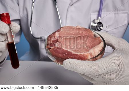 Vet Doctor Takes Blood Test For Gmo Meat - Labs Photo. Blood Test Of Artificial Meat From Petri Dish