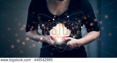 Business Woman Touching Connect To Data Information On Cloud Computing Network. Cloud Computing Conc