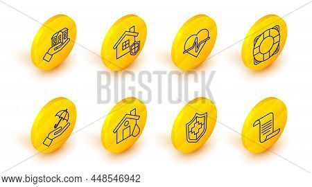 Set Line Document With Shield, Life Insurance, House Flood, Umbrella Hand, Lifebuoy, And Icon. Vecto
