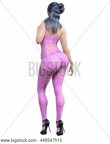 3d Render Beautiful Sexy Japanese Girl Pink Bodystocking.curves Shape Girl.woman Studio Photography.