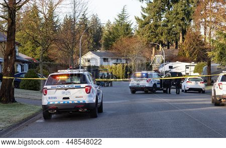 Fraser Heights, Surrey, Vancouver, British Columbia, Canada - February 6, 2022: Police And Swat Team