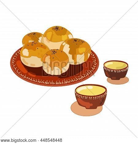 Moon Cake Yolk Pastry,mooncake On The Plate,with Cups Of Green Tea For Mid-autumn Festival,drawn In 