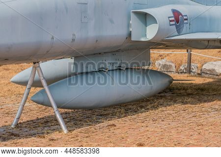 Yeoungdeok, South Korea; Jan 27, 2022: External Fuel Tank Under Fuselage Of Military F-5b Jet Fighte