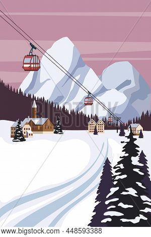 Vintage Mountain Winter Resort Village Alps, Switzerland. Snow Landscape Peaks, Slopes With Red Gond