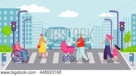 Group Of People Crossing City Road. Characters Going On Crosswalk. Man Walking With Baby In Pram. Pe