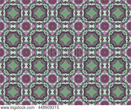 Geometric Abstract Pattern With Many Shapes, Shades Of Dark Greyish Green And Deep Pink. Seamless Ve