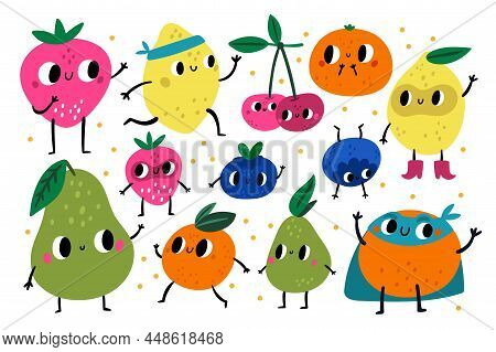 Cute Fruits Characters. Funny Juicy Lemons, Pears And Oranges With Happy Faces. Healthy Nutrition Pr