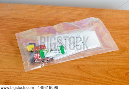 Pruszcz Gdanski, Poland - January 11, 2022: Part Of Polish Mre Packet With Candy, Gum, Salt, Refresh