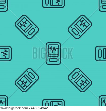 Black Line Seismograph Icon Isolated Seamless Pattern On Green Background. Earthquake Analog Seismog