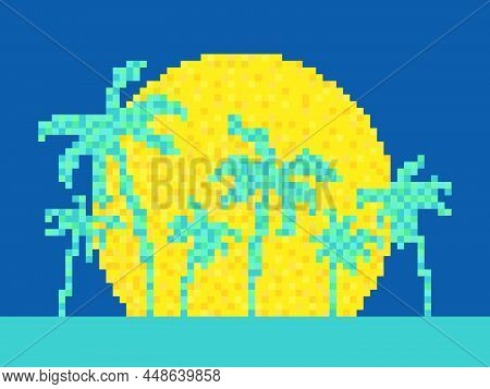 Pixel Art Palm Trees At Sunset In 80s Style. 8-bit Sun Synthwave And Retrowave. Retro 8-bit Video Ga