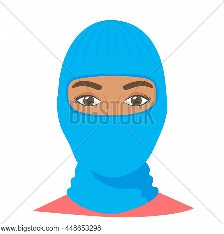 Black Woman Wearing Balaclava Helmet. Trendy Worm Headgear For Cold Weather. Facial Mask For The Who