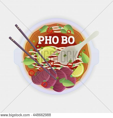 Pho Bo Tradidion Vietnamese Soup. Vector Illustration