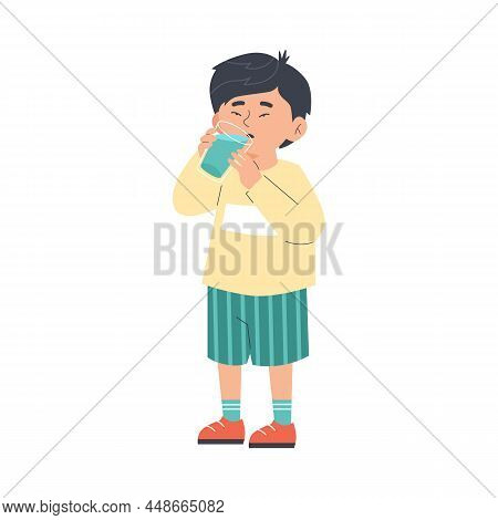 Asian Boy Holding Glass Of Water And Drinking From It, Cartoon Flat Vector Illustration. Cute Little