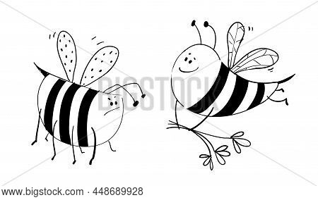 Honey Bee Couple In Love, Bee Presenting Flowers To Angry Bee Lover. Cute Hand Drawn Outline Doodle 