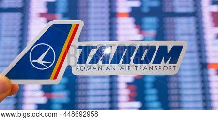 December 11, 2021, Bucharest, Romania. The Emblem Of The Tarom Airline Against The Background Of An 