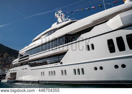 The Top Deck Of A Huge Yacht At Sunny Day, Glossy Board Of The Boat, The Chrome Plated Handrail, Meg