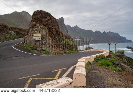 Roque De Las Bodegas, Tenerife,  -jaunary 11, 2020: View To Coastline Road Crossroad To Roque De Las