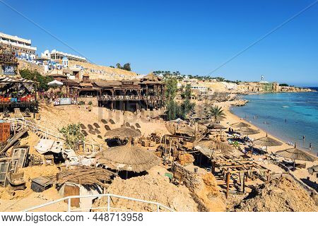 October 19, 2021. Sharm El Sheikh: Beautiful Top View Of Popular Farsha Cafe On Shore Of Red Sea In 