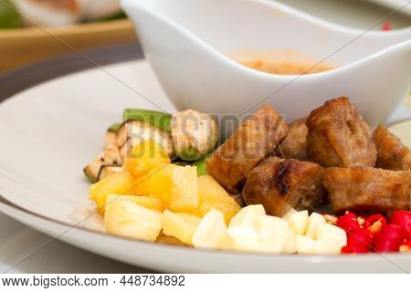 Vietnamese Healthy Food Set; Close Up Of Namnueng With Sliced Banana Pine Apple Chilli And Dipped Sa