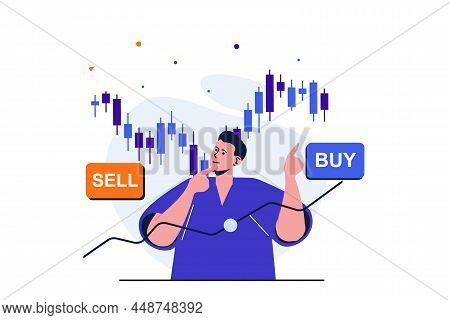 Stock Market Modern Flat Concept For Web Banner Design. Male Trader Buys And Sells On Stock Exchange